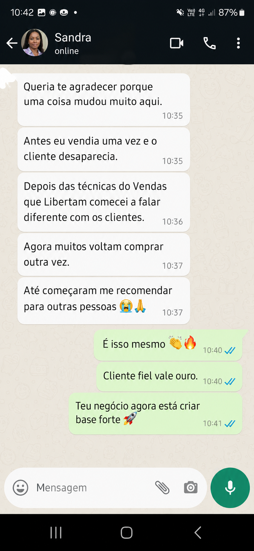 Mensagem real de cliente agradecendo