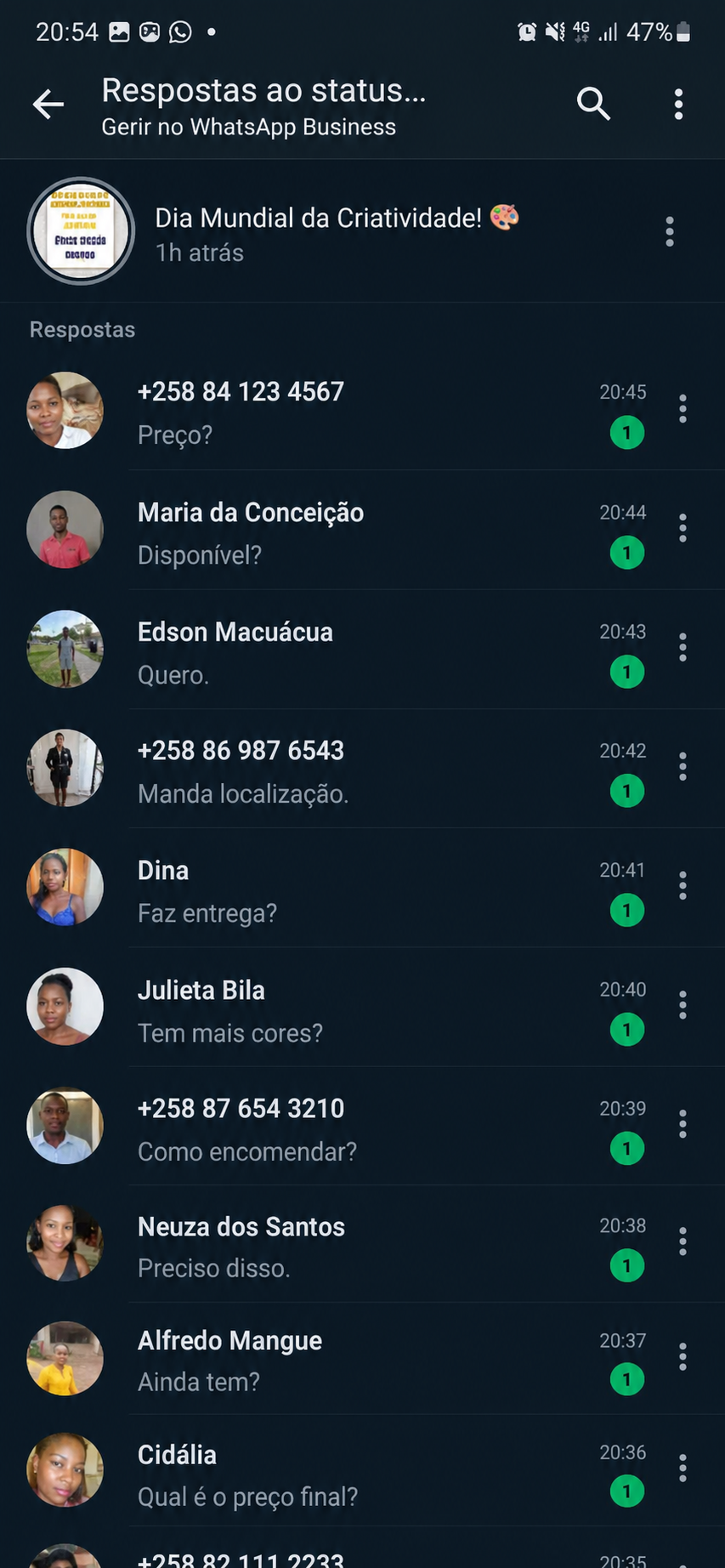 Respostas de clientes ao status do WhatsApp