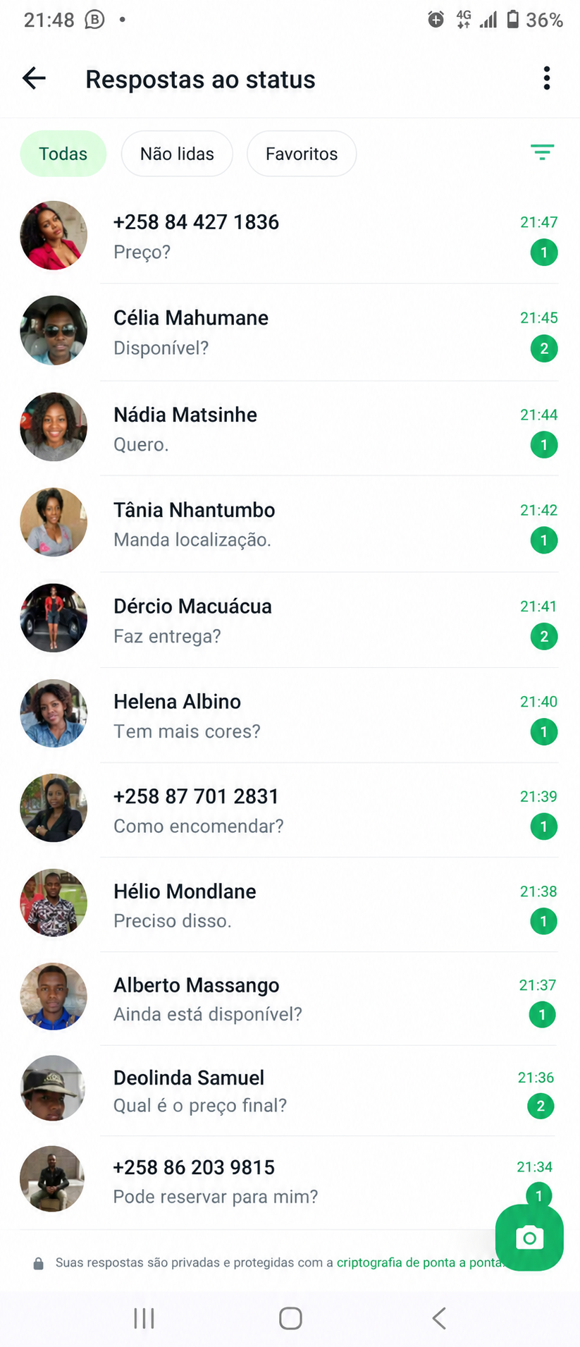 Mais respostas de clientes ao status do WhatsApp